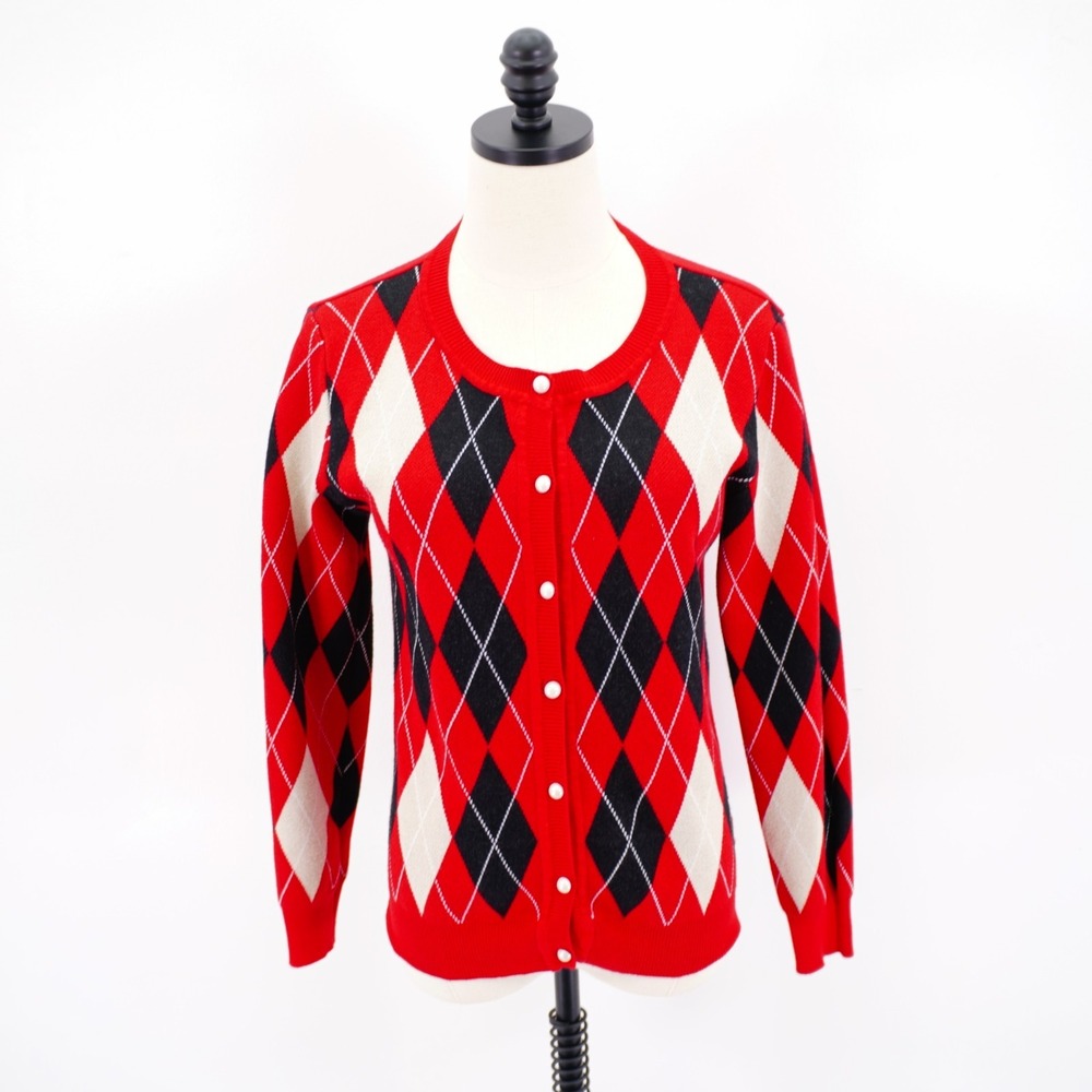 Grace Karin Small Red Black Tan Argyle Pearl Button Front Knit Sweater Viscose A